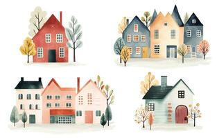 ensemble de scandinave cartes Maisons et des arbres. européen rue. mignonne scandi aquarelle maisons. puéril illustration vecteur