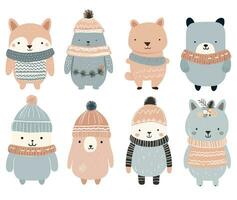 main tiré griffonnage animaux. mignonne scandinave animaux dans hiver vêtements. hiver forêt vecteur illustration