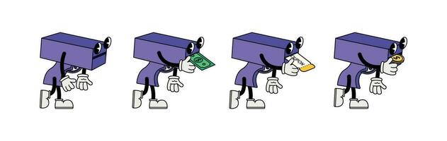ensemble personnage violet jouet pistolet dans Années 70 dessin animé style vecteur