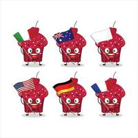 Cerise muffin dessin animé personnage apporter le drapeaux de divers des pays vecteur