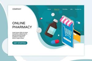 modèle de page de destination de pharmacie en ligne. acheter des médicaments et des drogues vecteur