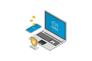 concept de transaction d'argent bancaire en ligne isométrique. ordinateur portable 3D vecteur