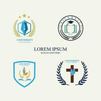 icônes vectorielles de l'université et de l'académie. emblèmes ou boucliers destinés aux diplômés du secondaire en sciences maritimes ou en droit. rubans et insignes de chapeau de célibataire, couronne de laurier, modèle de logo vectoriel