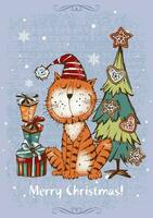 Noël carte avec une mignonne chat dans une chapeau avec cadeaux et une Noël arbre. vecteur. vecteur