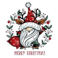 mignonne Noël gnome avec cadeaux dans salutation carte. vecteur. vecteur