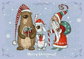 Noël carte avec Père Noël claus et hiver animaux lapin et nounours ours. vecteur. vecteur