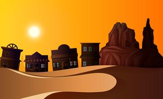 Scène de désert avec nombreux bâtiments au coucher du soleil vecteur