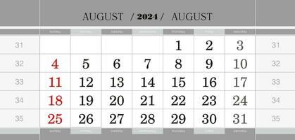 août 2024 trimestriel calendrier bloc. mur calendrier dans Anglais, la semaine départs de dimanche. vecteur