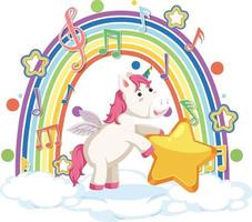 Licorne debout sur un nuage avec symbole arc-en-ciel et mélodie vecteur