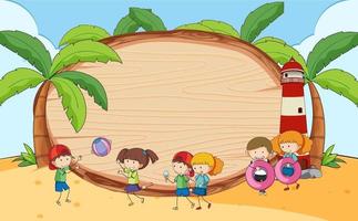 scène de plage avec une planche en bois vierge avec un personnage de dessin animé pour enfants vecteur