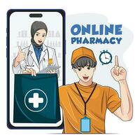 en ligne pharmacie prestations de service. Masculin courrier livre médicaments avec femelle médecin dans foulard. médical achats concept, supplémentaire vite livraison. vecteur illustration pro Télécharger