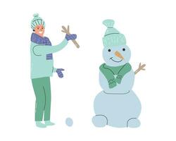 mignonne garçon ou homme fabrication une bonhomme de neige en plein air, hiver saison vecteur illustration sur blanc Contexte. vecteur clipart pour salutation carte, bannière ou prospectus. utilisable pour hiver actif Contexte.