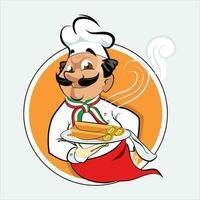 mignonne dessin animé Indien chef portion nourriture dans une plateau, vecteur illustration