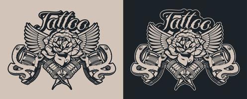 illustrations noir et blanc machines à tatouer avec rose et ailes