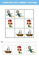 éducation Jeu pour les enfants Achevée le correct image de une mignonne dessin animé épave navire Sirène et plongeur imprimable sous-marin feuille de travail vecteur