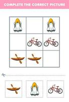 éducation Jeu pour les enfants Achevée le correct image de une mignonne dessin animé kayak vaisseau spatial et vélo imprimable transport feuille de travail vecteur