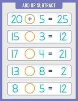 page éducative pour les jeunes enfants sur l'addition et la soustraction. vecteur