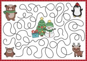 Noël Labyrinthe pour enfants. hiver vacances préscolaire imprimable activité avec mignonne kawaii cerf, manchot, ours, hibou, sapin arbre, bonhomme de neige. Nouveau année labyrinthe Jeu ou puzzle avec mignonne personnages vecteur