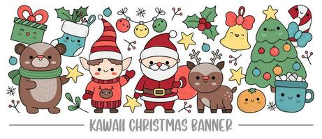 Noël horizontal bannière avec mignonne kawaii personnages pour enfants. vecteur Père Noël claus permanent avec cerf, elfe, ours, arbre, cadeau. mignonne Nouveau année illustration. marrant hiver vacances fête ensemble pour des gamins