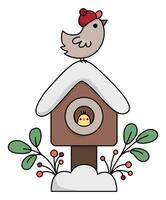 vecteur coloré kawaii oiseau maison avec neige, oiseau, brindilles. mignonne Noël étourneau maison illustration isolé sur blanc Contexte. Nouveau année ou hiver dessin animé vacances icône