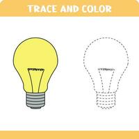 trace et Couleur éducatif feuille de travail pour préscolaire enfants. tracé lumière ampoule. activité coloration page vecteur