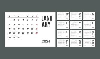 bureau calendrier dans une minimaliste style. mensuel calendrier modèle pour 2024 année pour affaires vecteur