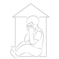 esquisser portrait de une garçon qui couvert le sien visage avec le sien mains et est assis dans un imaginaire loger, isoler sur blanc, plat vecteur