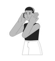 court cheveux africain américain fille écouteurs noir et blanc 2d ligne dessin animé personnage. content femelle mélomane isolé vecteur contour personne. Podcast auditeur monochromatique plat place illustration