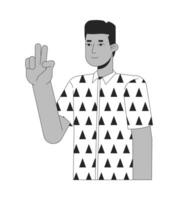 africain américain Jeune homme paix les doigts noir et blanc 2d ligne dessin animé personnage. noir gars prend selfie isolé vecteur contour personne. deux les doigts en haut. ambiance amusement monochromatique plat place illustration