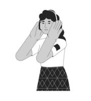 écouteurs Dame Latin américain noir et blanc 2d ligne dessin animé personnage. mexicain Jeune femme écoute la musique isolé vecteur contour personne. Podcast auditeur monochromatique plat place illustration