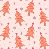 mignonne rose Noël arbre avec guirlande et flocons de neige sans couture modèle. charme pastel Noël impression pour emballage ou textile. vecteur