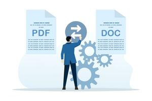 concept de conversion pdf à document déposer. convertir pdf. pdf convertisseur de jpg, écran avec le conversion processus ou conversion de les documents à autre formats. mobile convertisseur technologie. vecteur