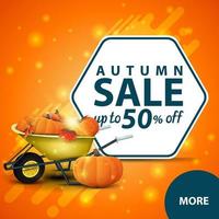 vente d'automne, bannière web de remise carrée avec une récolte de citrouilles vecteur