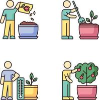 ensemble d'icônes de couleur rvb processus de jardinage d'intérieur vecteur