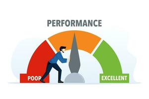 le concept de performance indicateurs, le concept de affaires amélioration ou croissance, amélioration performance évaluation avec humains pousser le indicateur aiguille à exceller. plat vecteur illustration.