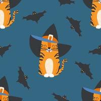chat tigré de dessin animé modèle sans couture portant un chapeau de sorcière et des chauves-souris vecteur