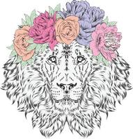 beau lion dans une couronne de fleurs vecteur