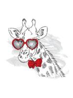 belle girafe hipster et coeurs de lunettes vecteur