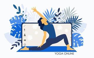 yoga en ligne. girl coach sur un écran de smartphone donne une leçon en direct. vecteur