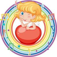 fille de cupidon dans un cadre rond arc-en-ciel avec symbole de mélodie vecteur