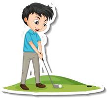 autocollant de personnage de dessin animé avec un garçon jouant au golf vecteur
