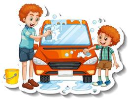 un modèle d'autocollant avec le père lavant la voiture avec son fils vecteur