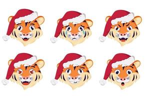 symbole du tigre du nouvel an avec émotions. symbole de vacances dans le chapeau de Noël vecteur