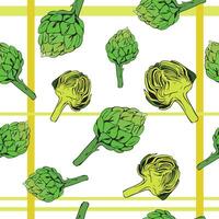 sans couture modèle de vert artichauts, brut comestible fleur bourgeons Couper longitudinal, biologique plante nourriture pour en bonne santé alimentaire. vecteur griffonnage illustration sur rayé Contexte