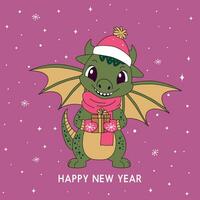 Noël carte avec mignonne vert dragon symbole de 2024. marrant vert dragon avec une cadeau. joyeux Noël et content Nouveau année carte. vecteur