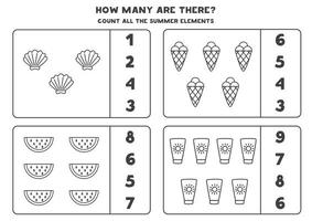 jeu de comptage avec des éléments d'été en noir et blanc. feuille de calcul mathématique. vecteur