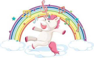 Licorne sautant sur un nuage avec un arc-en-ciel et un symbole de mélodie vecteur