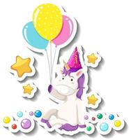 Licorne mignonne pose assise et tenant des ballons sur fond blanc vecteur