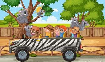 scène de safari avec des enfants sur une voiture de tourisme regardant un groupe de koalas vecteur