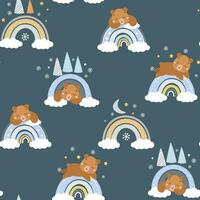 sans couture modèle avec ours petits en train de dormir sur une arc-en-ciel, congère, tanière. hiver forêt dans abstrait bébé imprimer. vecteur graphique.
